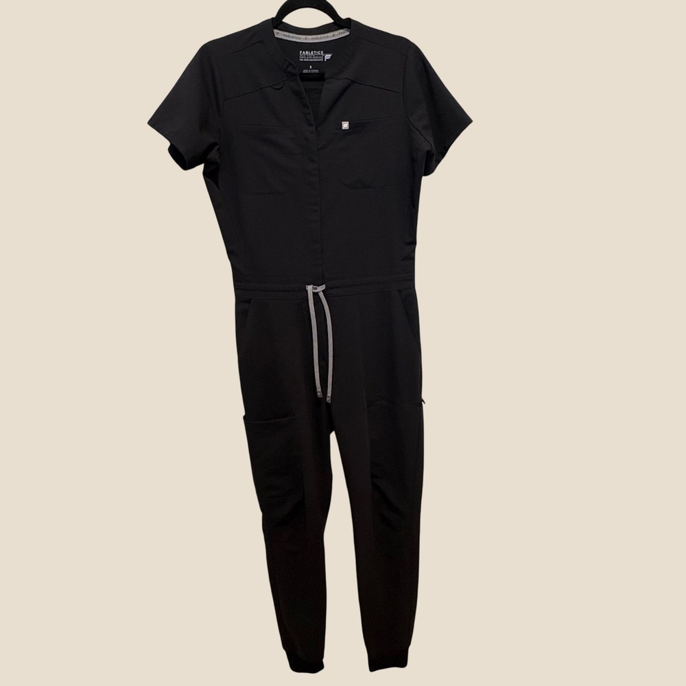 Fabletics Ion Scrub Jumpsuit Black Short Sleeve Jogger One Piece Womens Small